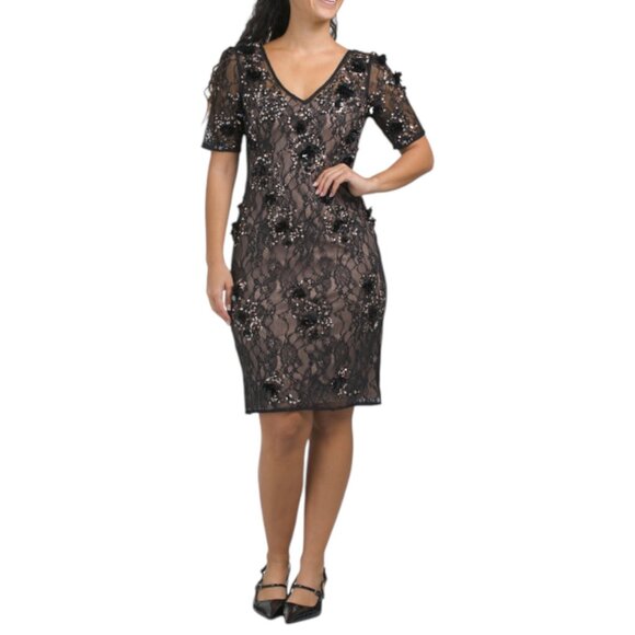 ADRIANNA PAPELL Black/Rose Gold Short Sleeve Beaded Mini Dress - Picture 1 of 2